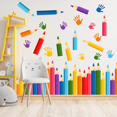 Colorful Pencil and Handprint Wall Decals - 47 Pcs Peel and Stick Decor