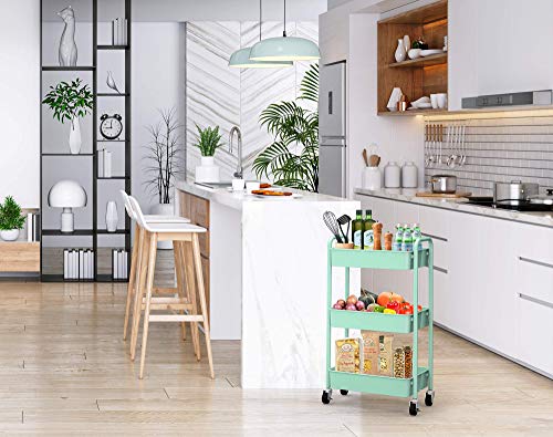 3-Tier Rolling Metal Utility Cart - Mobile Storage Organizer, Aqua Green