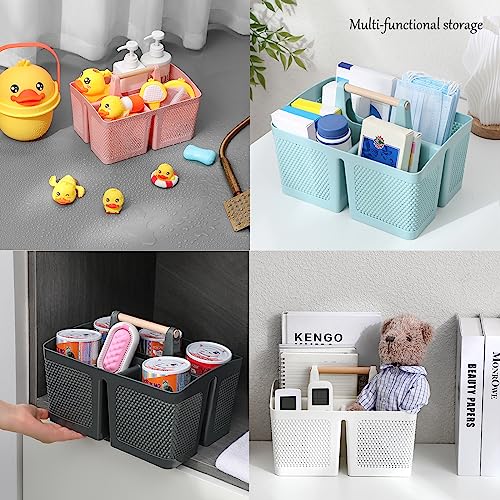 Rejomiik Portable Plastic Shower Caddy Basket with Wood Handle, White