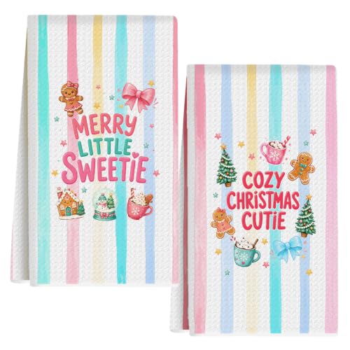 GHUSDFM Retro Pink Christmas Kitchen Towels - 2 Pack, Striped Cute Dish Towels, Christmas Sweetie 786