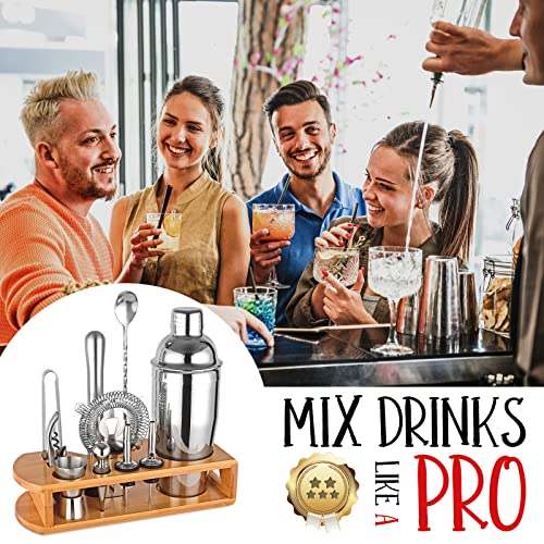 Wukuna Silver Cocktail Shaker Set Bartender Kit with Bamboo Stand, 12-Piece Bar Tools