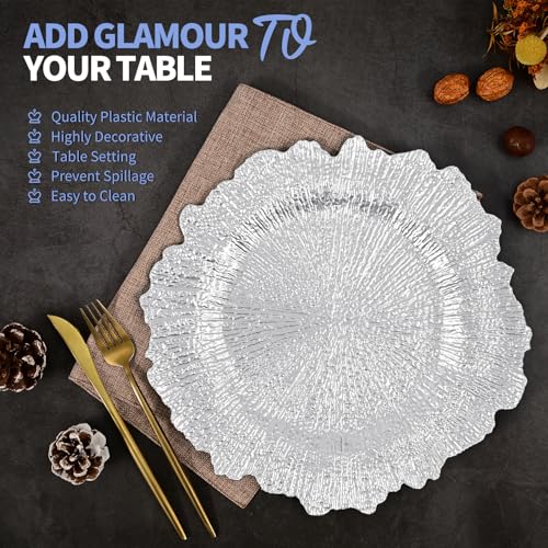 Teruntrue 50 Pcs Silver Charger Plates 13 Inch Reef Design Tableware for Weddings & Events