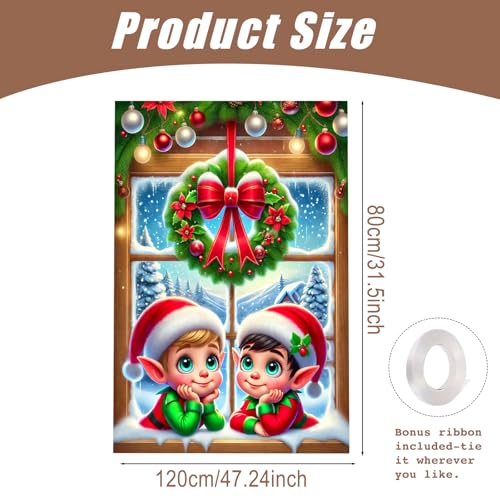 Nuxovilar Christmas Window Cover Holiday Banner 31x47in Elf Scene, Variation: CU01098