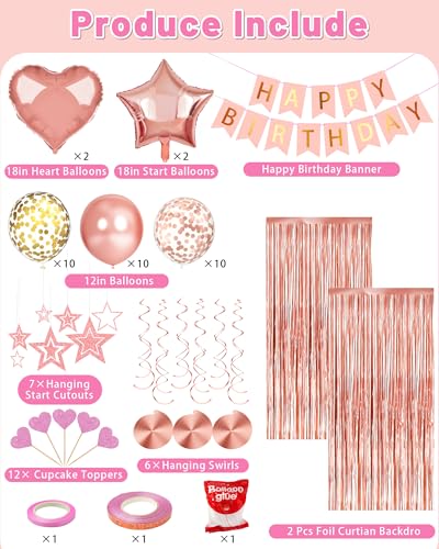 Rose Gold Happy Birthday Decoration Set with Foil Curtains and Balloons