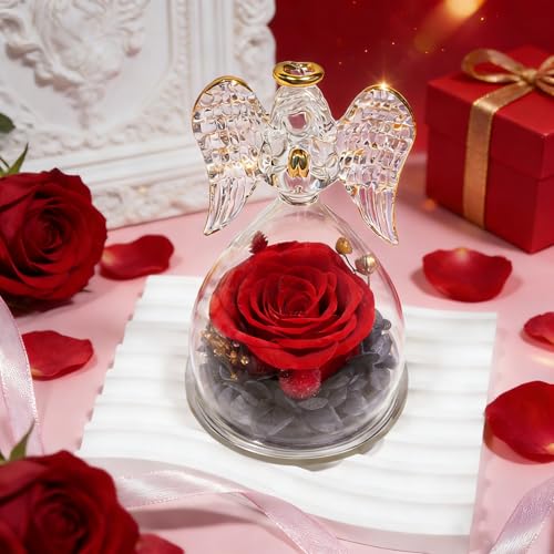 Preserved Real Rose in Glass Angel Figurine, Eternal Flower Gift
