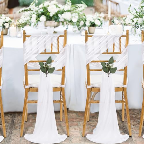 24 Pack White Chair Sashes for Wedding Aisle Decorations - 8ft Long Draping Fabric