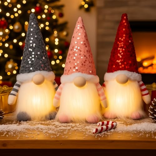 3-Pack Lighted Christmas Gnomes Plush Decor - 12" LED Scandinavian Santa