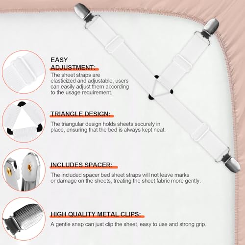 8 Pcs Adjustable Bed Sheet Straps with Metal Clips - Non Slip Fitted Sheet Clips for Mattress, Sofa, Tablecloths