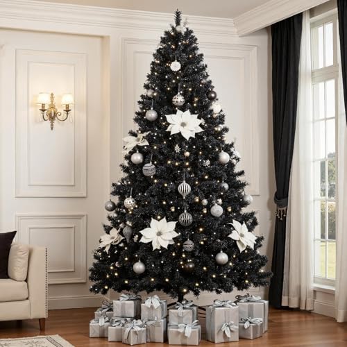 6ft Prelit Black Artificial Christmas Tree with 300 Warm Lights & Metal Stand