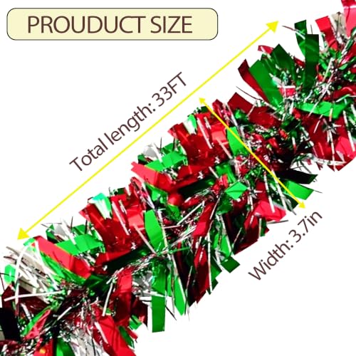 Red Green Silver Tinsel Garland 33Ft Christmas Decor Streamer - Holiday Party Decorations