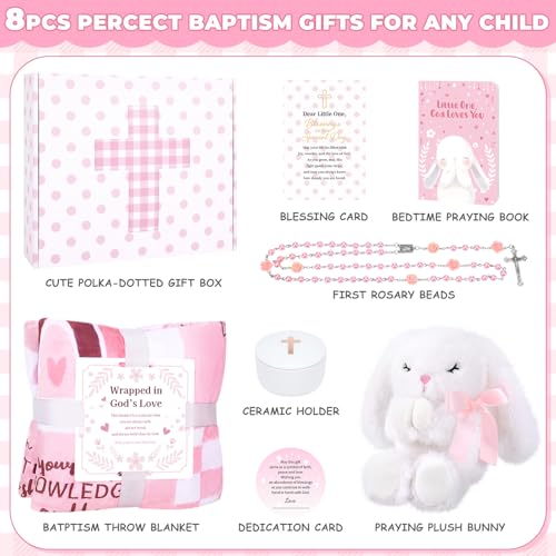 Baby Girl Baptism Gift Basket - First Rosary, Blanket & Bunny Plush Set