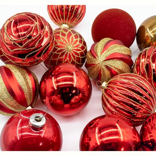 12PCS Red & Gold Christmas Ornaments - Large Shatterproof Hand-Painted Holiday Decorations