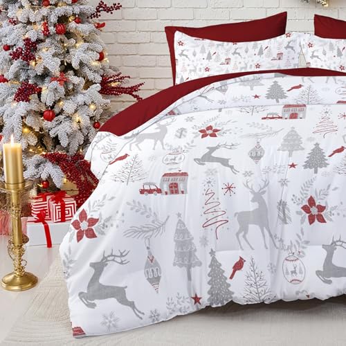 Luxudecor Christmas King Comforter Set - 7 Pieces, Red & White Reindeer Bed in a Bag, King