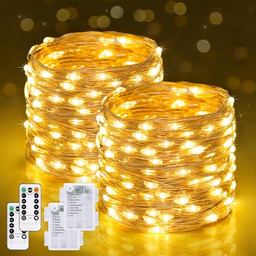 JMEXSUSS 2 Pack Battery Operated Fairy Lights, 400 LED Warm White Copper Wire Twinkle String Lights with Remote for Bedroom and Outdoor Decor