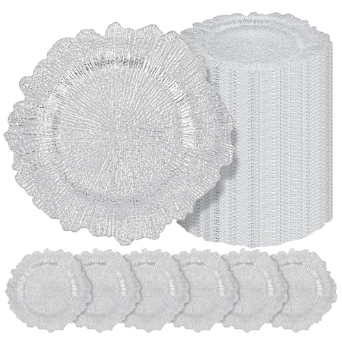 Teruntrue 50 Pcs Silver Charger Plates 13 Inch Reef Design Tableware for Weddings & Events