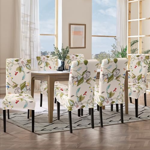 Stretch Chair Covers Set of 4, Washable Spandex Protector for Dining Room - Beige Floral