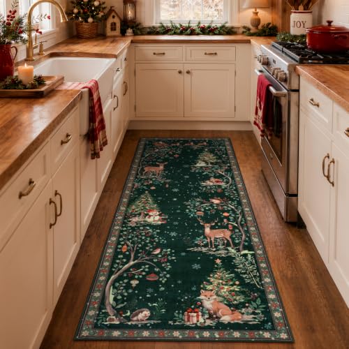 Beeiva Green Christmas Runner Rug 2x6 ft Non Slip Holiday Hallway & Kitchen Decor