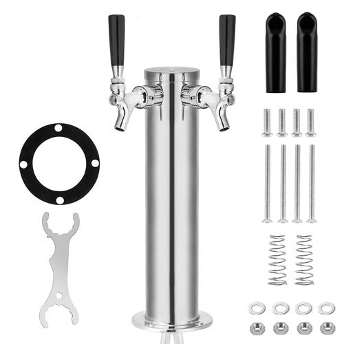 TMCRAFT Dual Faucet Draft Beer Tower Dispenser, Polished Stainless Steel Beer Tower Dispenser Kit with Pre-Assembled Tubing and Self-Closing Faucet Shanks for Parties, Bars, Pubs, and Restaurants