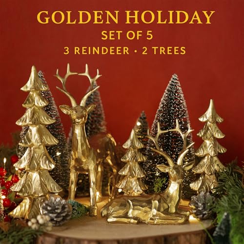Gleemoria Gold Christmas Reindeer Statue Set with Christmas Trees - Holiday Decor