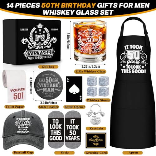 50th Birthday Gift Set for Men Whiskey Glass & Accessories - 11 Oz, Humor & Fun