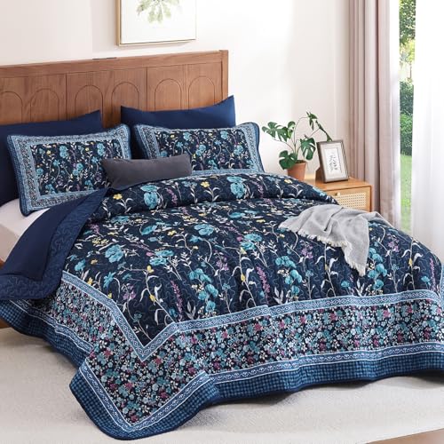 Floral Quilt Set King Size - 3-Piece Navy Blue Botanical Bedspread