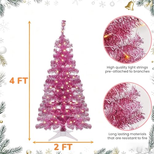 Juegoal Pink 4 ft Pre-lit Christmas Tree with 8 Lighting Modes, Battery Powered