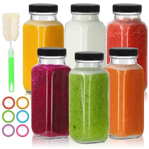 CAKKVDE 8 oz Glass Juice Bottles with Lids 6 Pack | Reusable Square Drink Bottles