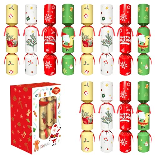 12-Pack Non-Snap Christmas Crackers with Hat Joke & Surprise Gifts - Holiday Party Favors