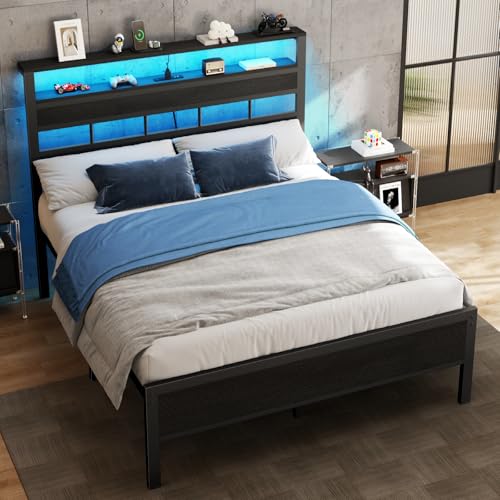 Full Size Metal Platform Bed Frame with Storage Headboard & LED Light