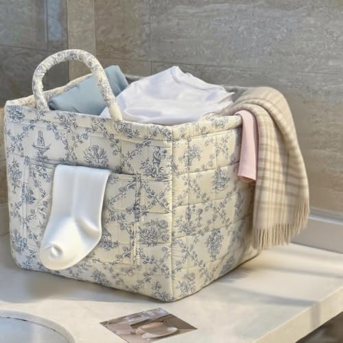 Floral Quilted Fabric Storage Basket with Handles, Foldable Laundry Organizer