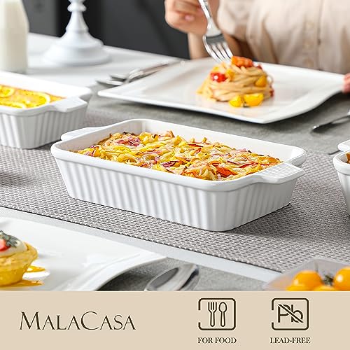 Rectangular Ceramic Baking Dish Set of 4 - White Casserole Pans with Handles