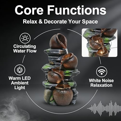 4-Tiered Tabletop Water Fountain with LED Lights, 17.9-Inch Resin Waterfall