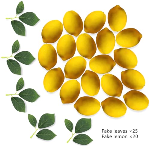20 Pcs Artificial Lemons with Leaves - Realistic Faux Fruit Decor