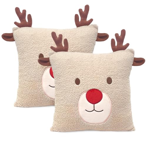 BirdNest Reindeer Christmas Throw Pillow Covers 18x18 inch Set of 2 Christmas Decoration Throw Pillows 3D Embroidery Deer Pillowcases Xmas Decorations for Sofa Couch (Khaki)