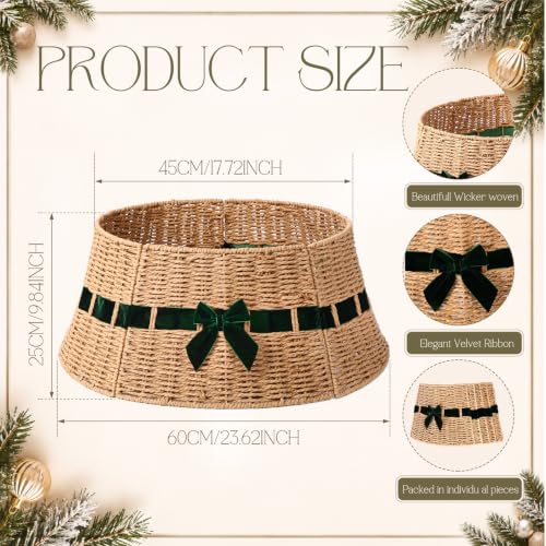 Christmas Tree Collar Basket with Green Bow 23.6'' Wicker Base Cover – Forest Green Velvet