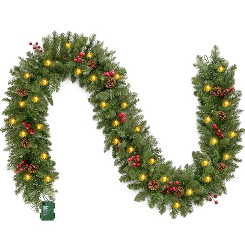 9Ft Christmas Garland Pre-lit with 100 LED Lights, Pine Cones & Red Berries - Battery Powered, Indoor & Outdoor Holiday Decor - Red Berries Variation