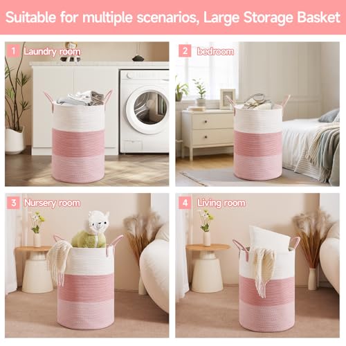 80L Large Cotton Rope Laundry Basket - Decorative Pink Storage Bin