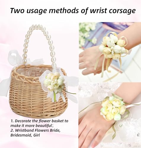 2PCS Wicker Flower Girl Basket and Wrist Corsage Set with Pearl Handle