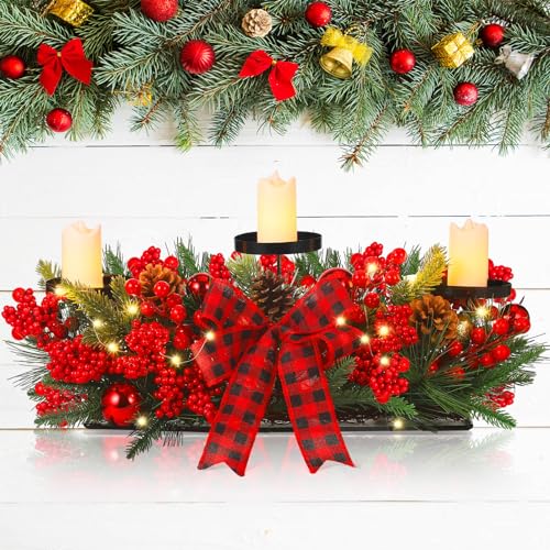 Christmas Table Centerpiece with 3 LED Candle Holders & Pine Cones