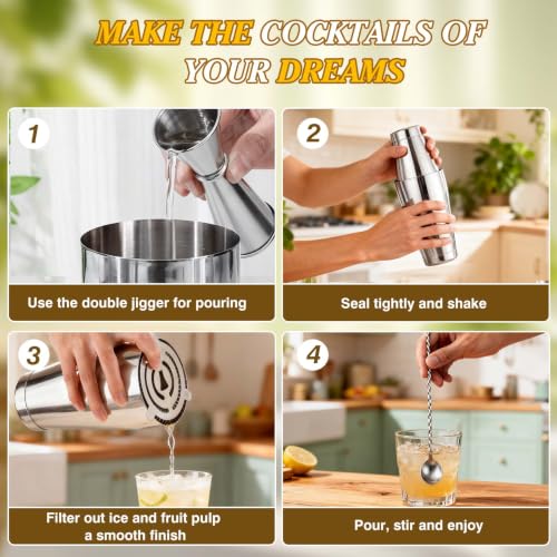 Mwellewm Silver 15-Piece Cocktail Shaker Set Boston Bartending Kit