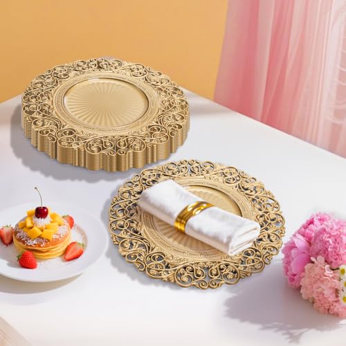 Foraineam 13-Inch Gold Charger Plates Set of 12 - Decorative Hollow Out Flowers