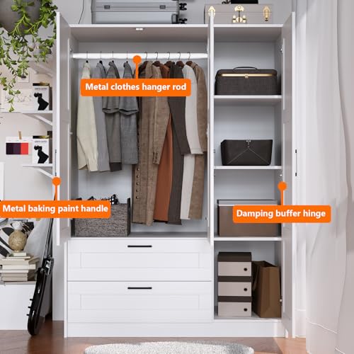 3-Door Wooden Wardrobe with 2 Drawers, White Freestanding Bedroom Closet