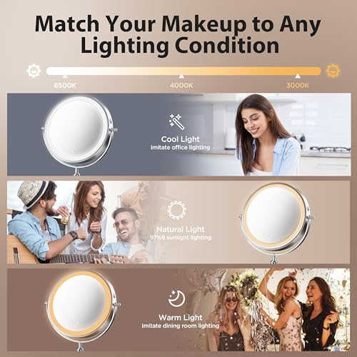 Double-Sided Makeup Mirror with Light, 1X/30X, 3 Colors, 3200mAh
