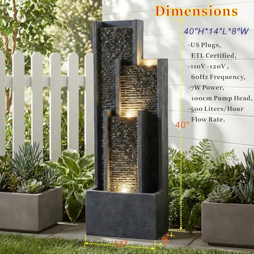 40-Inch Modern Outdoor Water Fountain with LED Lights for Garden & Patio