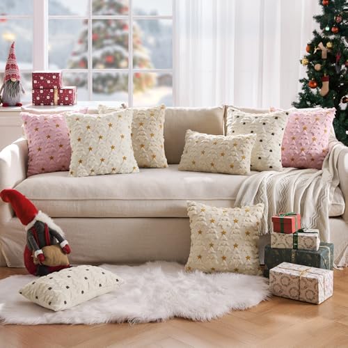MIULEE 20x20 Cream White Christmas Tree Pillow Covers (Set of 2), Plush Faux Fur & Velvet Back, 3D Tree Design