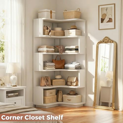6-Tier Corner Bookshelf, L-Shaped Space-Saving Storage Display Stand, White