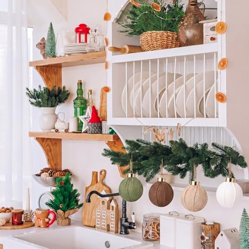 Rustic Burlap Christmas Ornaments Set - 12 Neutral Farmhouse Tree Decorations, Green, Beige, White, Brown