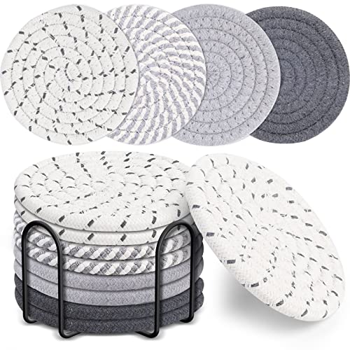 8-Piece Woven Cotton Drink Coaster Set with Holder, 4.3-Inch Absorbent