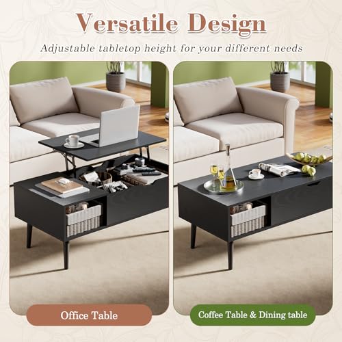 Lift Top Coffee Table with Hidden Storage Compartment and Side Shelves