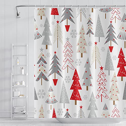 Christmas Tree Bathroom Shower Curtain Grey Pines Pattern Snowflakes